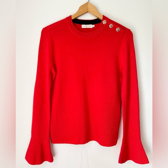 Tory Burch Sweater Women’s Medium 100% Merino Wool Red Logo Button - Picture 1 of 6